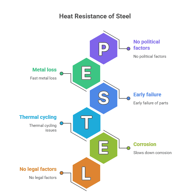 Diagram explaining heat resistance of stainless steel, including thermal cycling, oxidation, corrosion, and metal loss.