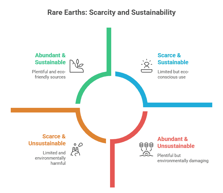 Infographic illustrating rare earth element scarcity and sustainability in advanced stainless steel alloy design.
